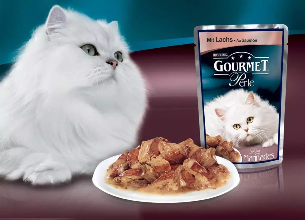 Gourmet: pakan kucing dan kucing purina, pate basah dan makanan kaleng kucing lainnya, komposisi mereka, ulasan 22711_5