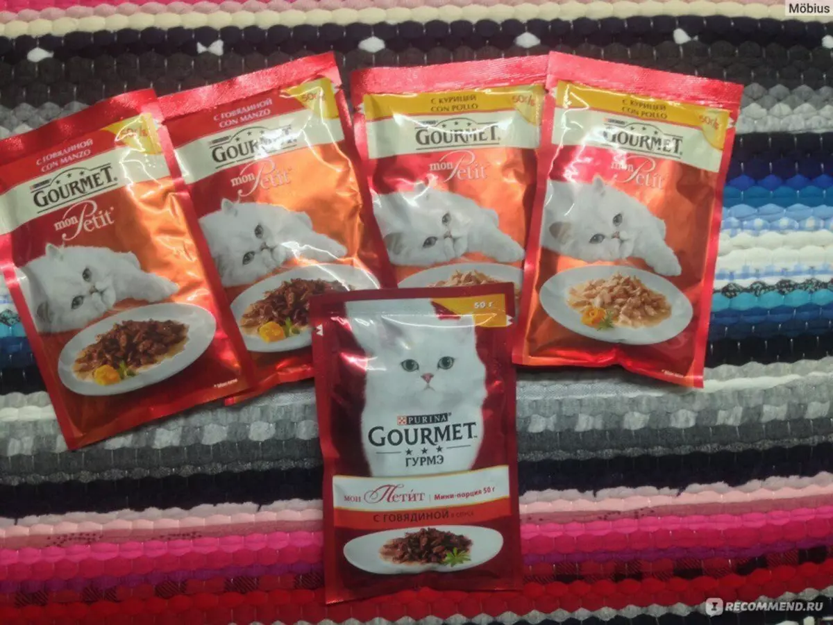 Gourmet: pakan kucing dan kucing purina, pate basah dan makanan kaleng kucing lainnya, komposisi mereka, ulasan 22711_7
