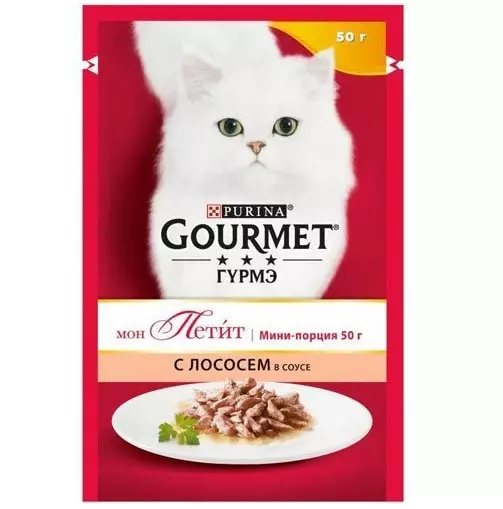Gourmet: Cat Feed ug Purina Kittens, basa nga mga pates ug uban pang mga feline de lata nga pagkaon, ilang komposisyon, mga review 22711_9