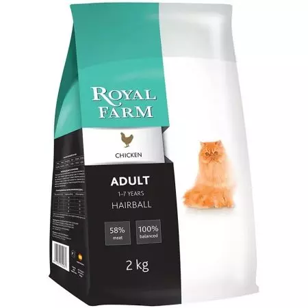 Royal Farm Cat Feed: Kwekitsi uye kitsi dzakasvibirira, yakaoma uye yakanyorova feline chikafu nehuku uye zvimwe zvekuumbwa 22714_13