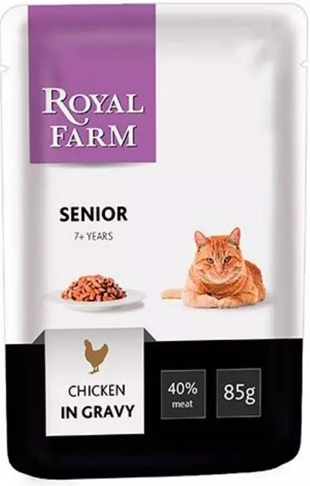 Royal Farm Cat Feed: Мышыктар жана стерилденген мышыктар үчүн, кургак жана тоок жана башка композиция менен нымдуу тамак-аш 22714_18