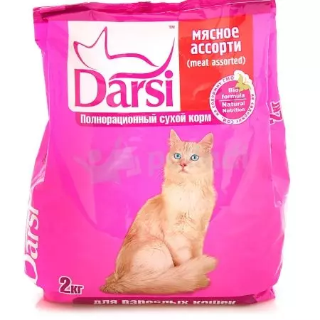 Cat për macet Darsi: lagësht dhe të thatë, përbërjen e tyre. Përmbledhje e ushqimit familjes së maces për kittens dhe macet sterilizuar, produkte të tjera prodhuese. Shqyrtime 22724_2