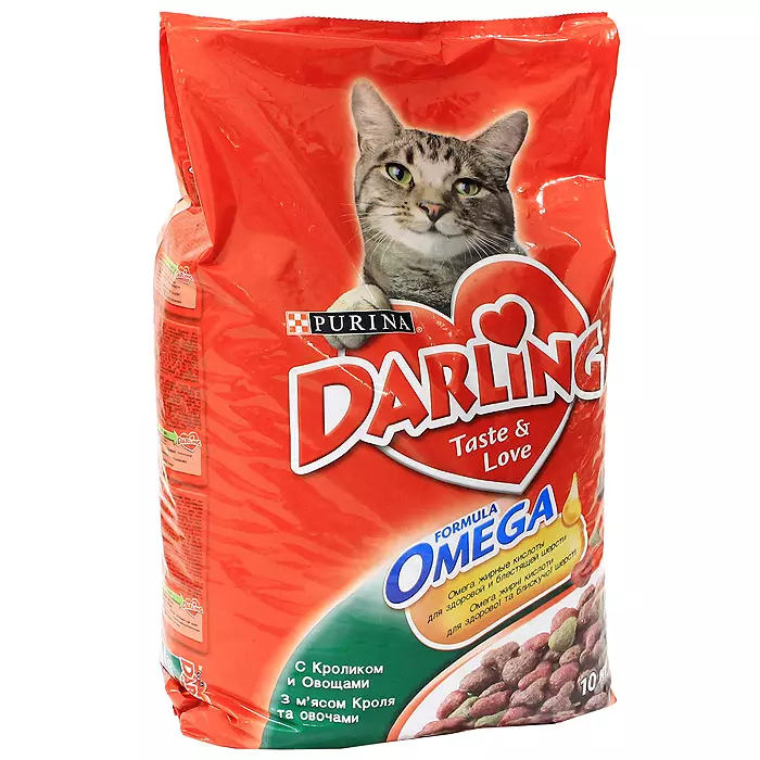 Cat Food Darling: Feline nga uga nga pagkaon gikan sa Purina sa pack 2 kg ug 10 kg, uban pang mga espisye, komposisyon 22732_13