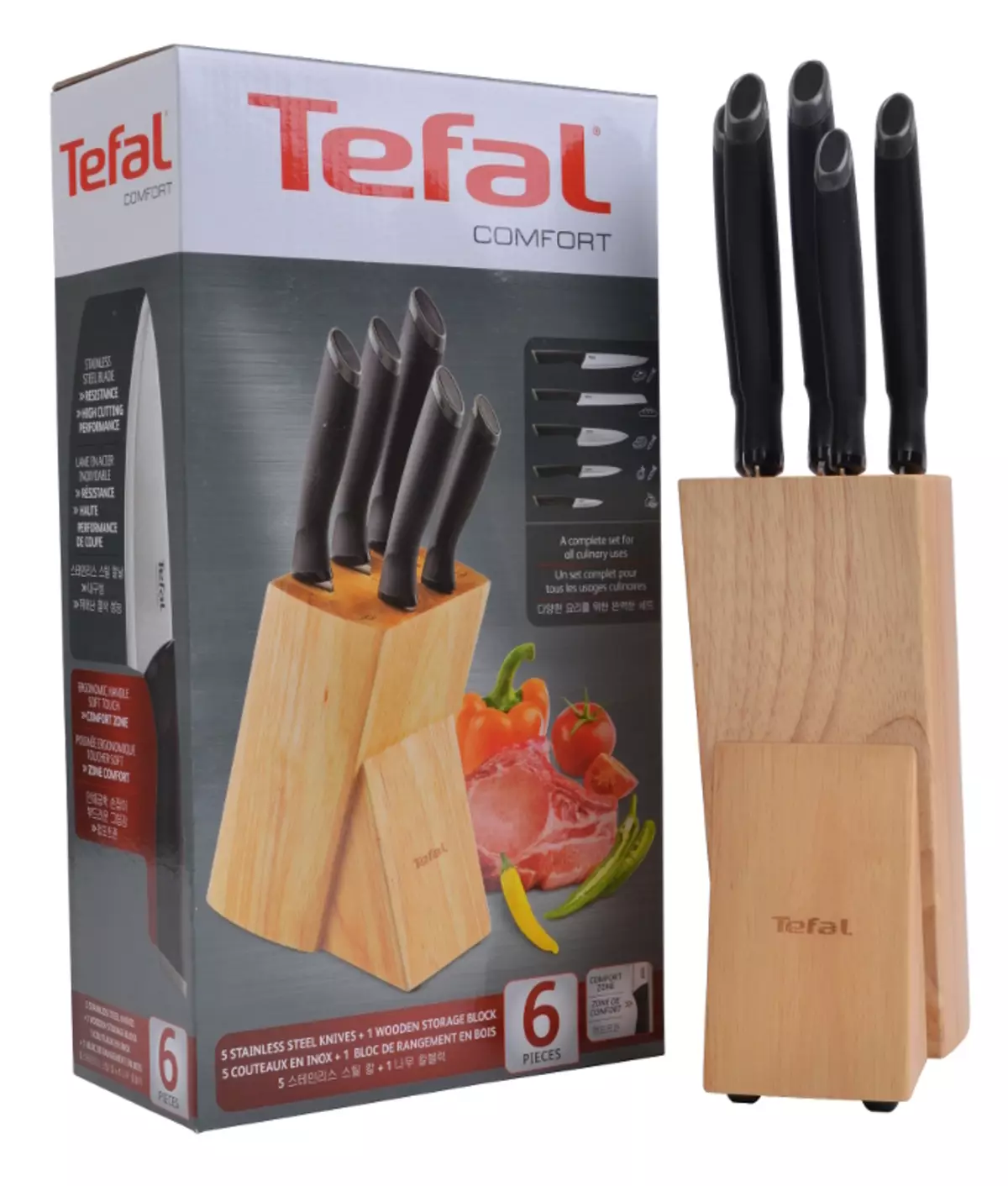 Tefal դանակներ. Խոհանոցային դանակների ակնարկ, նկարագրության փորձաքննություն եւ այլ շարք: Հաճախորդների ակնարկներ 23462_2