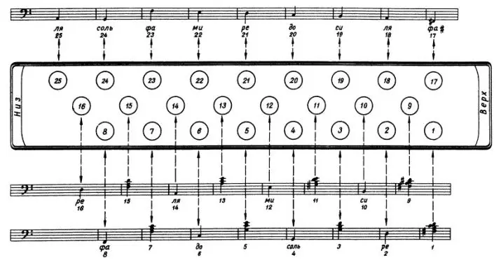 Възпроизвеждане на хармоника: Как да се научим да играем хармония? Уроци и учене от само задраскване на числата, схеми за начинаещи 23533_9