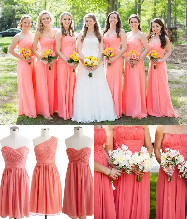 Coral-roze jurken voor vriendinnen van de bruid