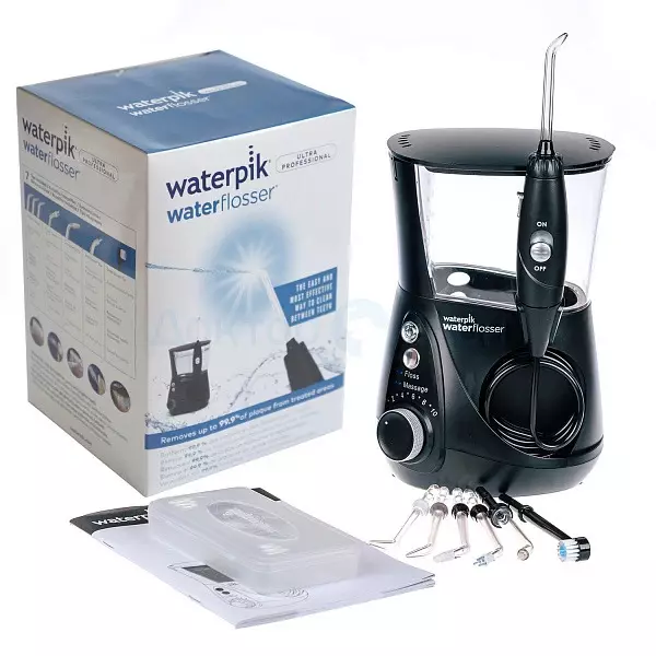 Irrigadores Waterpik: WP-100 E2 Ultra e WP-70 Classic, WP-660 E2 Ultra Professional e outros modelos para os dentes e cavidade oral, bocais, comentários 23984_14