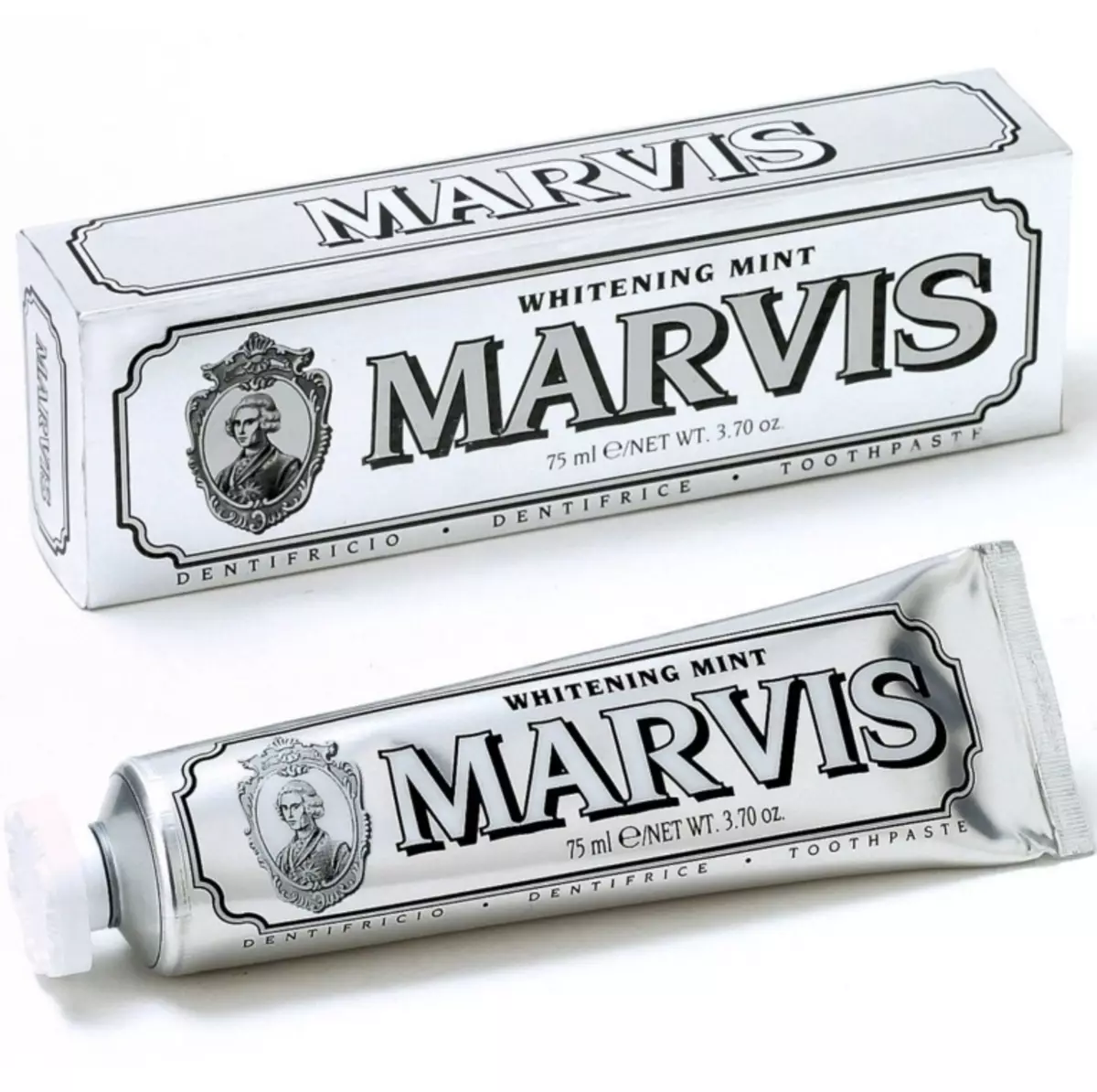 Pastë dhëmbësh Marvis: Paste italiane Whiteling me shije të vogla dhe jasemini, pa fluor, set, përbërje dhe komente të dentistëve 24032_11