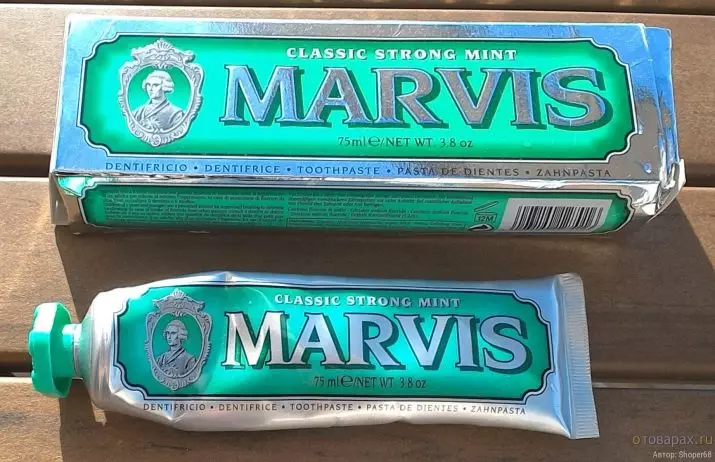 Marvis Diş Macunu: Flor, set, kompozisyon ve diş hekimlerinin değerlendirmeleri olmadan nane ve Yasemin tadı ile İtalyan beyazlatma yapıştırın 24032_22