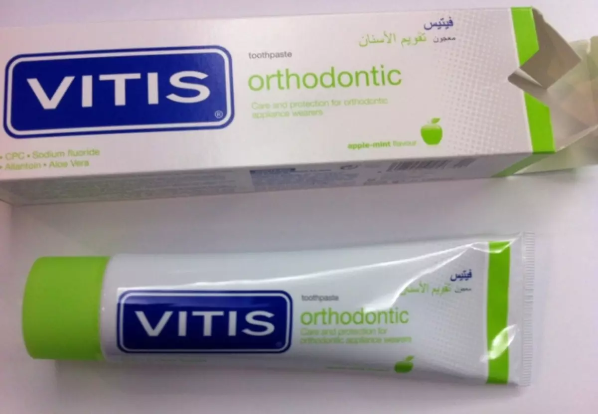 Pasta de dentes Vitis: Ortodoncia e Gingival, blanqueamento e outros produtos, instrucións para usar pasta de dentes 24054_3