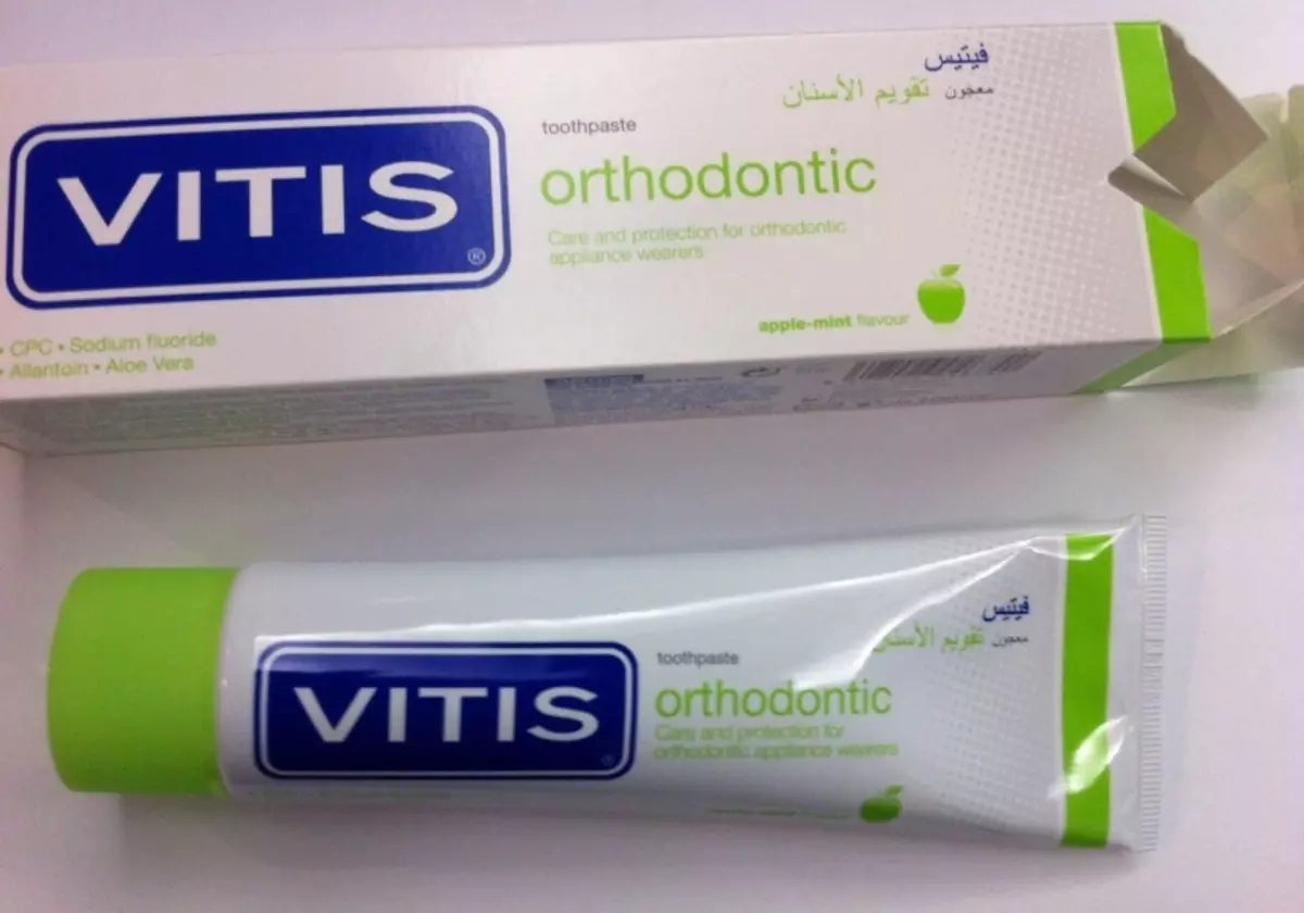 Pasta de dents Vitis: ortodòncia i gingival, blanquejant i altres productes, instruccions d'ús de pasta de dents 24054_8