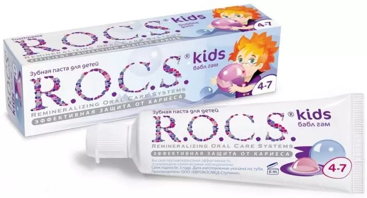 Kinders se tandepasta R.O.C.S .: Vir kinders 0-3 en 4-7 jaar, 6-12 en 8-18 jaar, Baby en Junior, pasta met fluoor en ander samestelling 24067_21