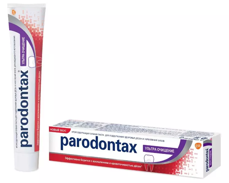 O creme dental de Parodontax: sem flúor para a saúde da gengiva, composição, pasta de limpeza ultra, 