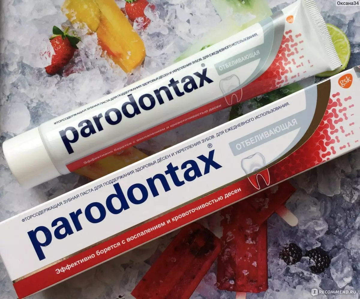 Dentifrice de Parodontax: sans fluorure pour la santé des gencives, la composition, la pâte ultra-nettoyante, la «défense complexe» et d'autres. Reviews dentaires 24077_2