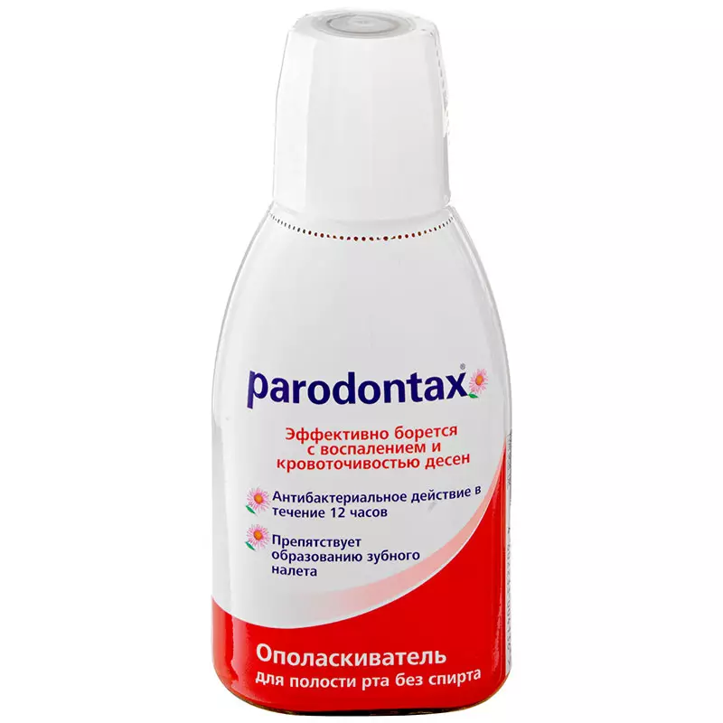 PARODONTAX RISPRS: Extra for Gums a ceudod y geg, rinsiau eraill, cyfarwyddiadau cais a chyfansoddiad 24085_2