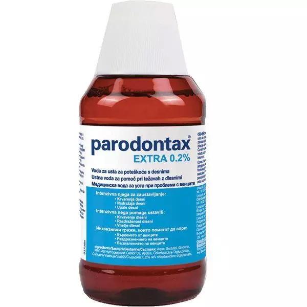 Rinsers Parodontax: Tambahan untuk gusi dan rongga mulut, bilangan lain, arahan dan komposisi aplikasi 24085_3