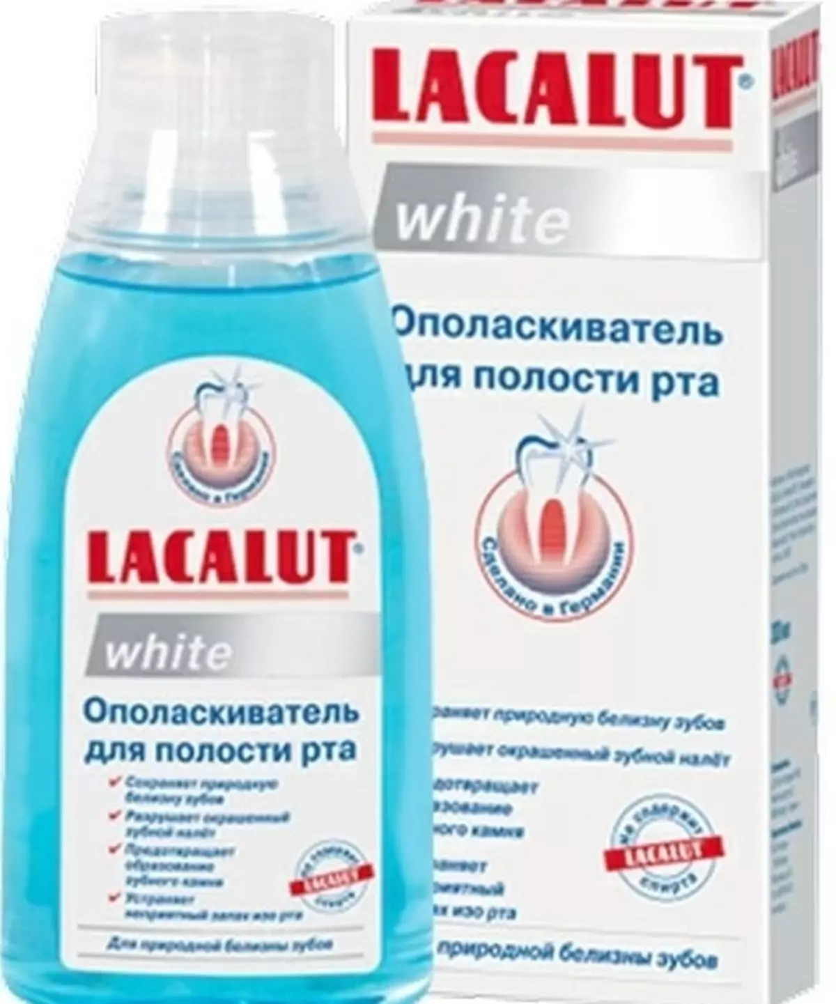 Rinsers Lacalut: Aktiv, gevoelig en wit voor de mondholte, hun compositie en kenmerken van toepassing 24087_12