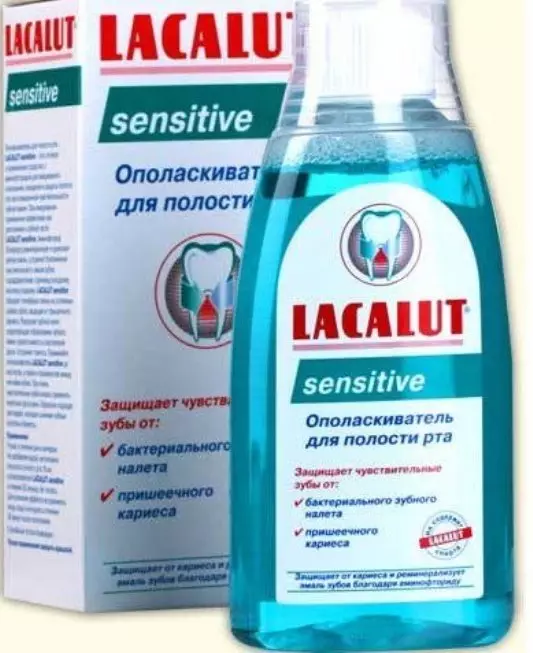 Rinsers Lacalut: Aktiv, gevoelig en wit voor de mondholte, hun compositie en kenmerken van toepassing 24087_13