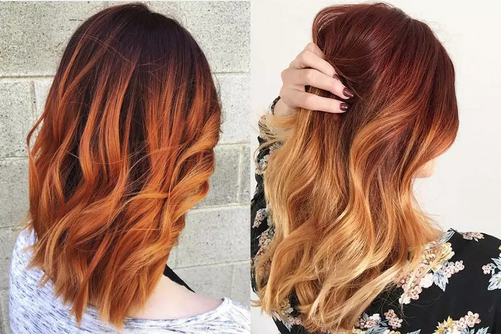 赤い髪の上の背景（49枚の写真）：中の長さの染色、短くて長い髪の女の子のためのオプション、色合いの選択 24107_9