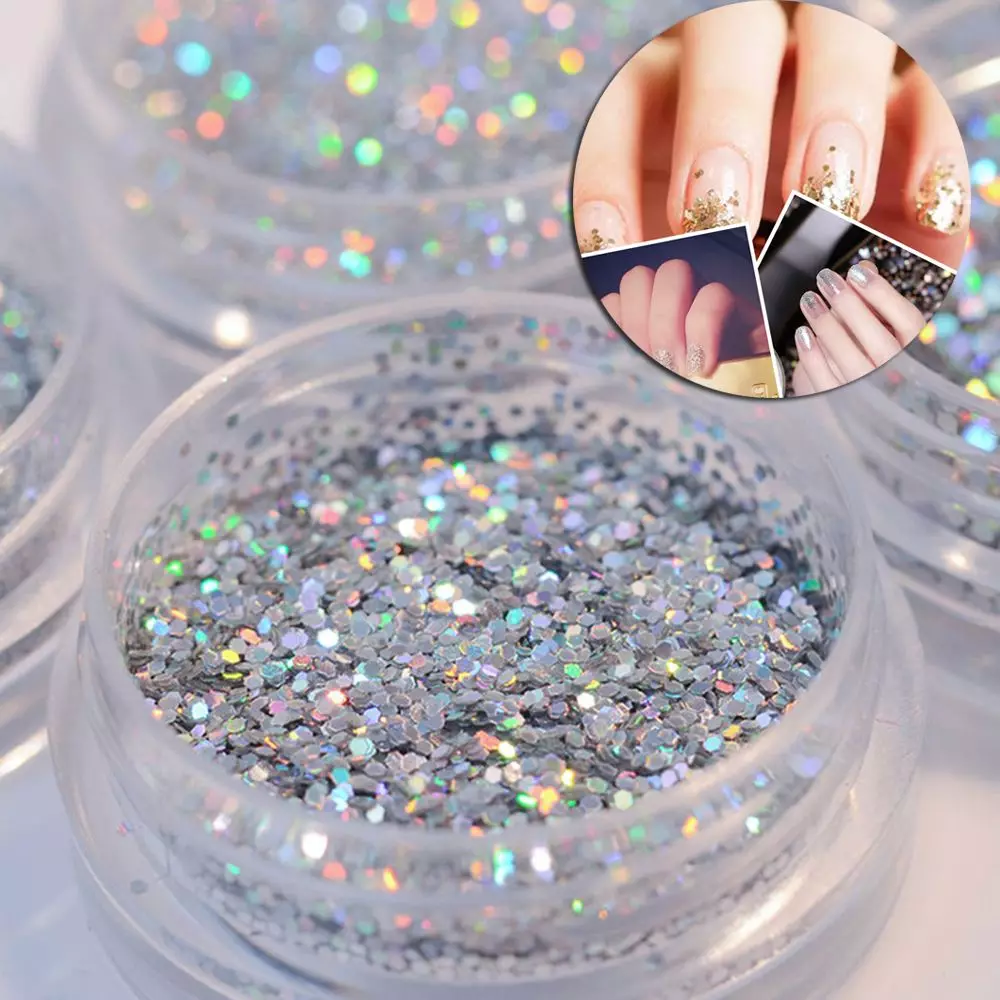 Manicure Gel Laca met Sequins (93 foto's): Ontwerp van swart en rooi naels met 'n strek blink. Hoe om pienk of deursigtige skitter lê? 24233_6