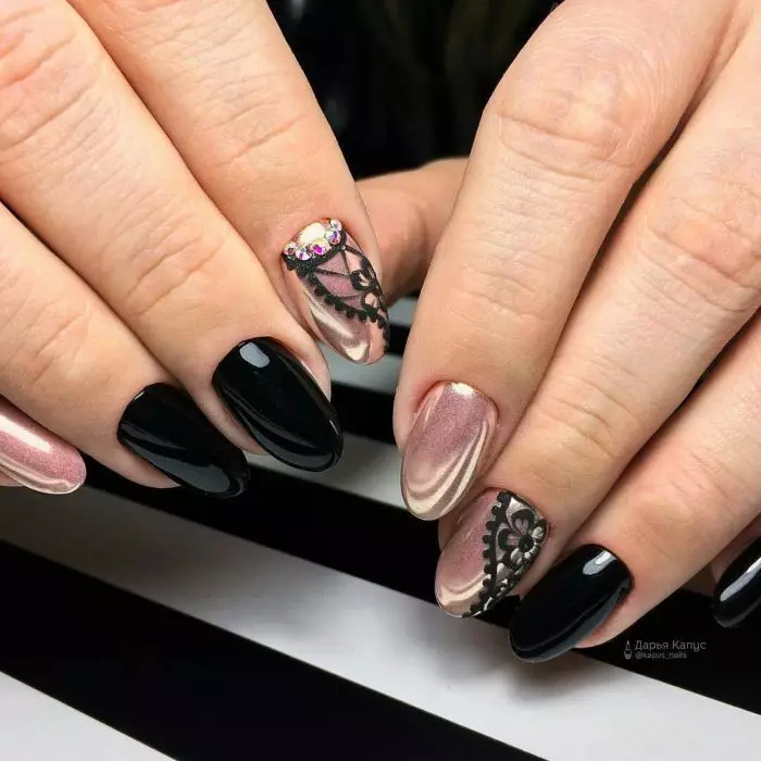 Manicura con xemelgo laca de xiper (91 fotos): como usar o wipping en barniz negro ou branco? Deseño de manicura vermella e rosa 24237_81