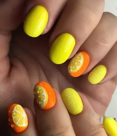 Flottime Flor Shellac em unhas (47 fotos): uma combinação de cor transparente com amarelo, preto ou azul. Como organizar uma manicure multicolorida? 24340_18