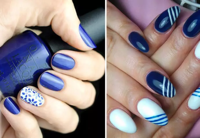 Manicura - Azul con blanco (57 fotos): Diseño de uñas con dibujos azules y rojos, hermosos dibujos y patrones con barniz azul oscuro con diamantes de imitación 24365_2