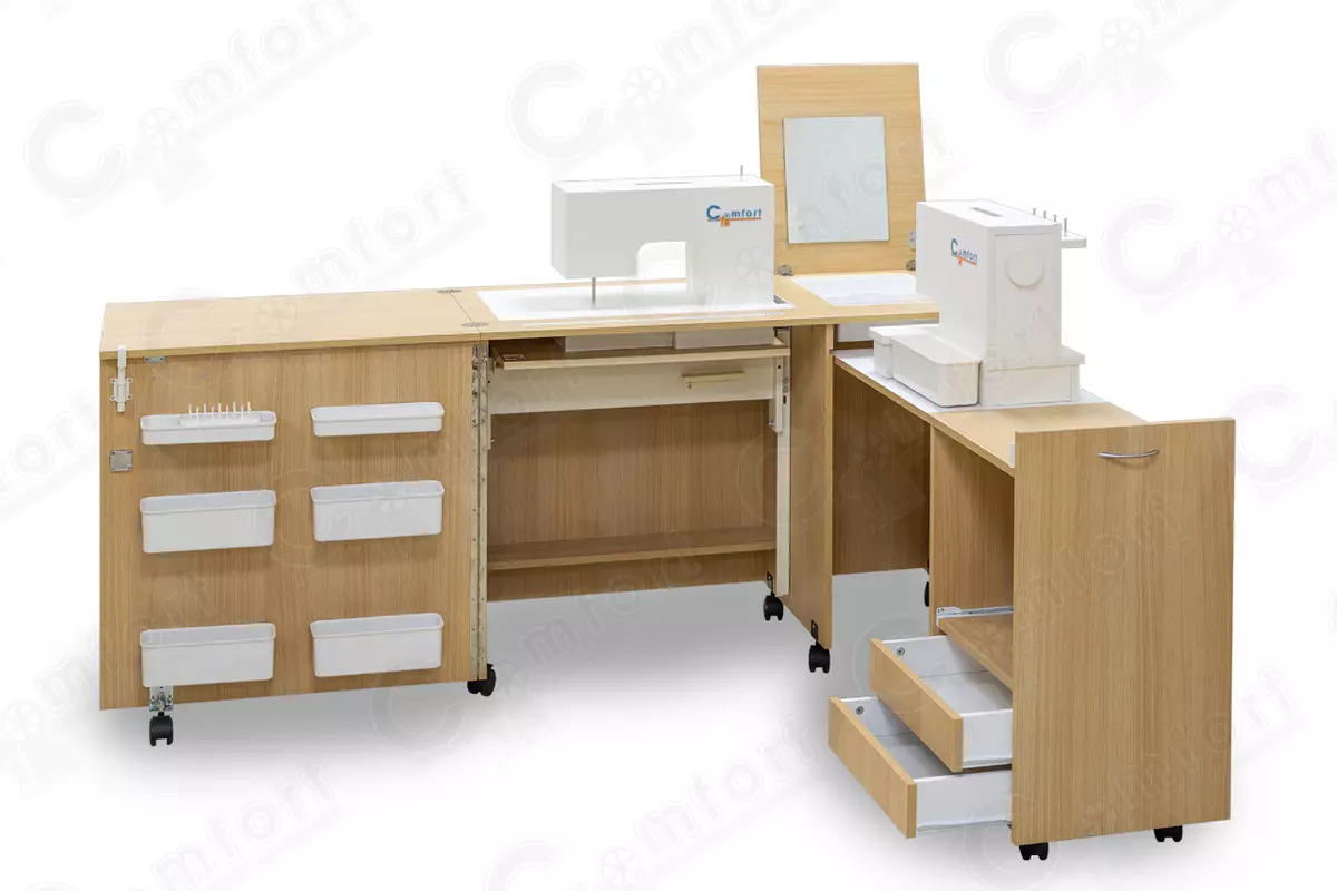 Transformatori za šivanje stolova: Pregled sklopivih tablica za šivanje, rublje i overlock, izbor za dom, komode s tablicom i drugi 243_17