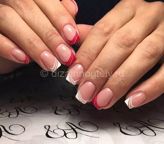 Franch vermelho em unhas (57 fotos): design de manicure francesa com verniz preto e strass para unhas afiadas e quadradas 24405_25