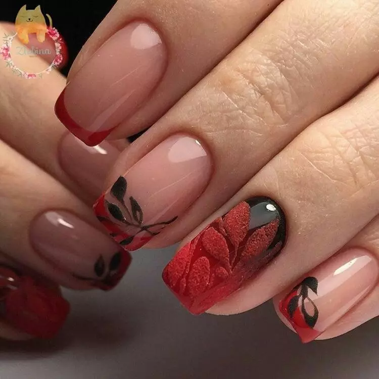 Red Franch on Nails (57 fotos): Deseño de manicura francesa con verniz negro e strass para uñas afiadas e cadradas 24405_8