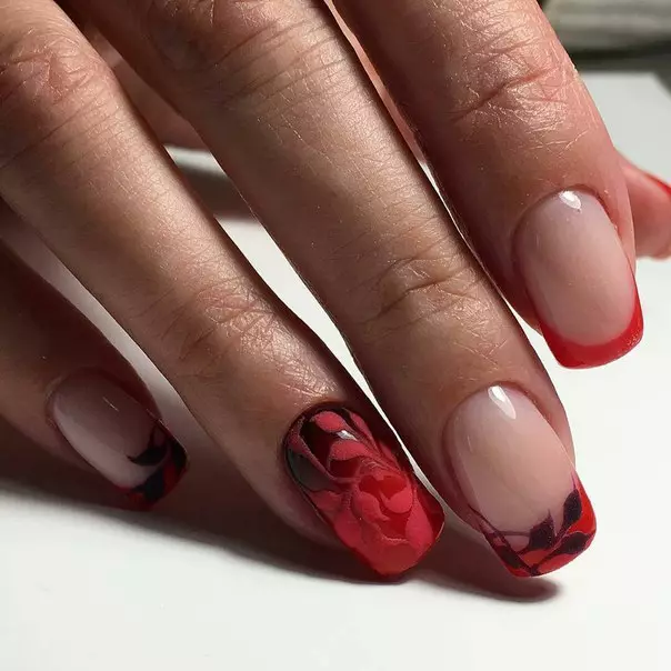 Franch vermelho em unhas (57 fotos): design de manicure francesa com verniz preto e strass para unhas afiadas e quadradas 24405_9