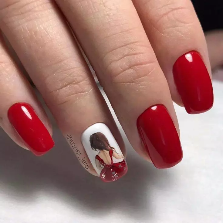 Làm móng tay đỏ và trắng (68 ảnh): Thiết kế móng tay màu đỏ với hoa văn vecnnish trắng, làm móng tay với hoa và kim cương giả 24413_44