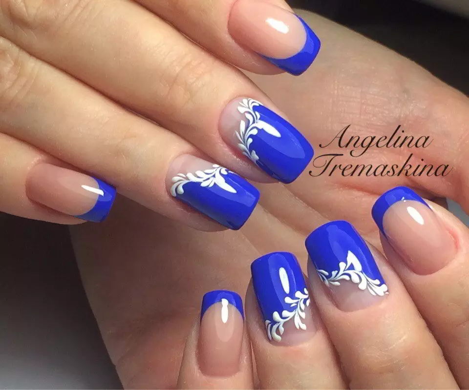 I-Blue Franch On Nails (Izithombe ezingama-51): IsiFulentshi Manicure ngephethini nephethini, design ku-White-Blue Gamma Gel Lacquer, Imibono kanye Nombontime 24461_45