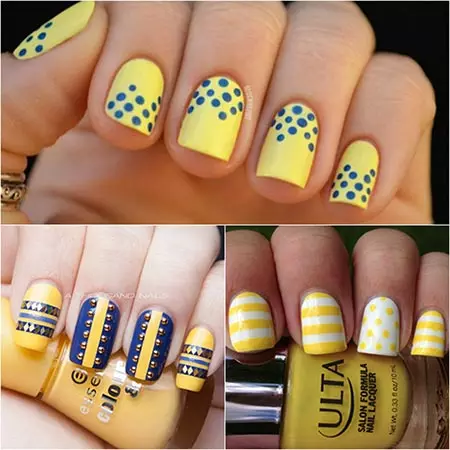 Manicura azul-amarela (51 fotos): ideas de deseño de uñas en tons amarelos e azuis 24468_17