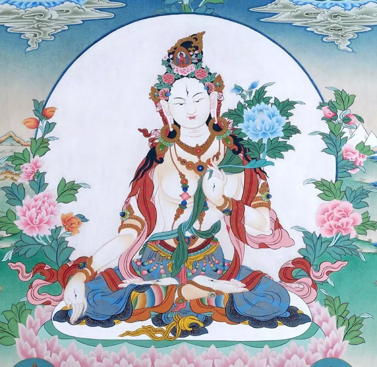 Mantra White Tara: qoraalka iyo qiimaha, akhriska iyo qawaaniinta dhageysiga, saamaynta la sameeyay 24500_2