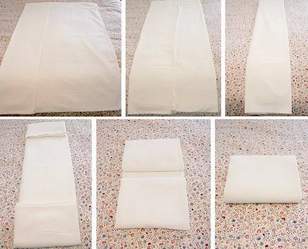 Kompakt katlanmış yatak çarşafları nasıl yapılır? Dolaptaki seti, uygun yönteme ve yastık kılıfına, paketleme ve diğer yollara göre nasıl en aza indirilir? 24734_3