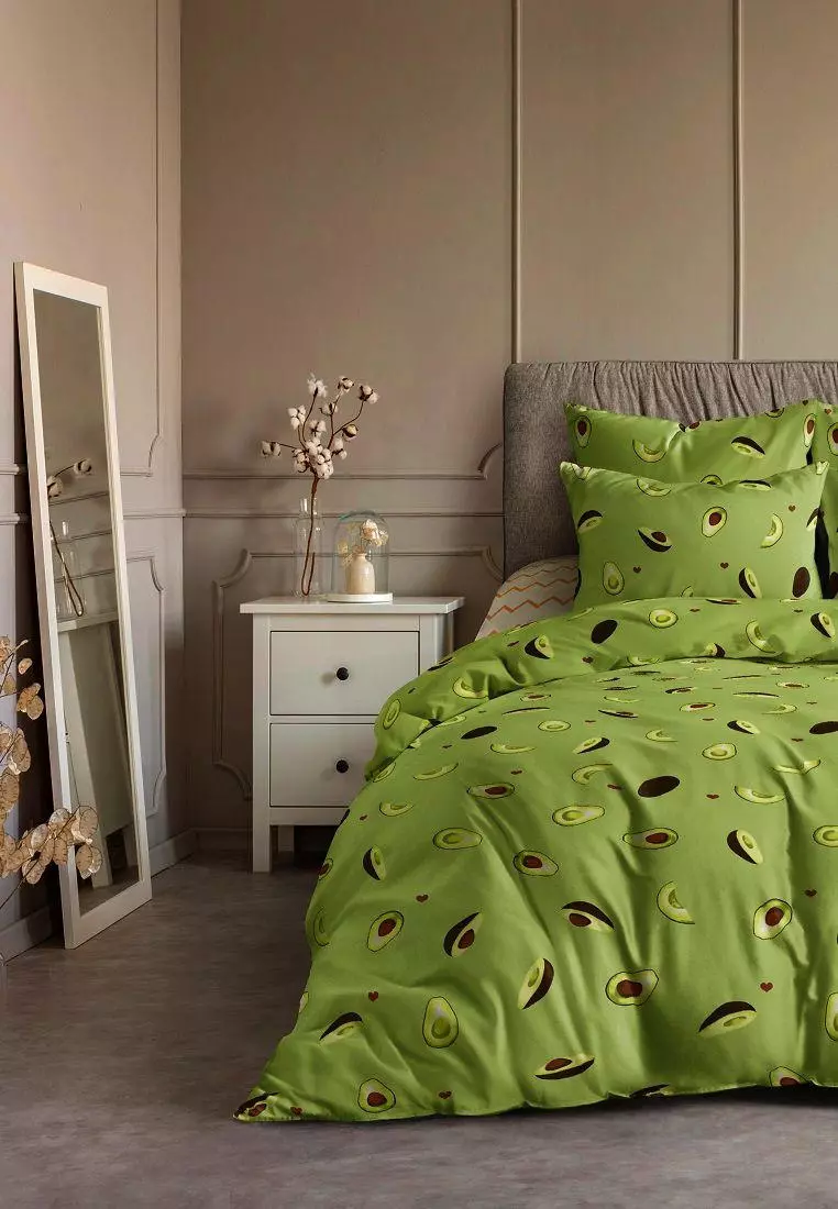 Linen katil dengan alpukat: Set dari kain yang berbeza di atas katil single dan 1,5 bilik tidur, pilihan lain 24741_11