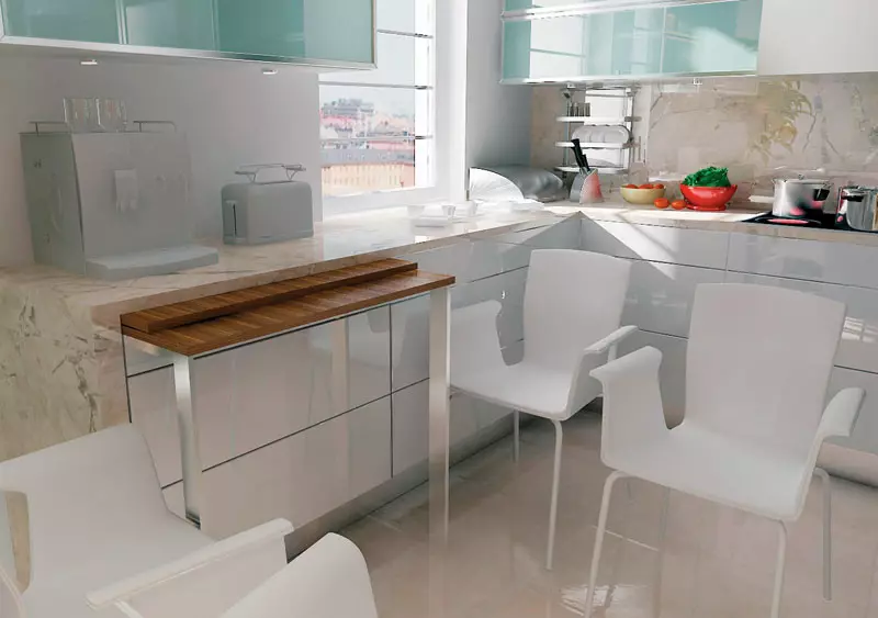 Retractable მაგიდა სამზარეულოში (36 ფოტო): სამზარეულო კომპლექტი შედგენილი მაგიდა თვლები მცირე სამზარეულო, სხვა ვარიანტი 24854_2