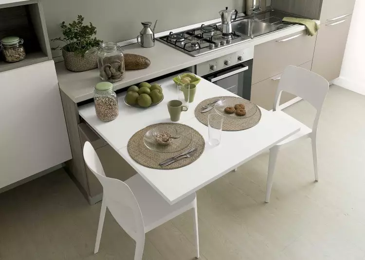 Retractable მაგიდა სამზარეულოში (36 ფოტო): სამზარეულო კომპლექტი შედგენილი მაგიდა თვლები მცირე სამზარეულო, სხვა ვარიანტი 24854_6