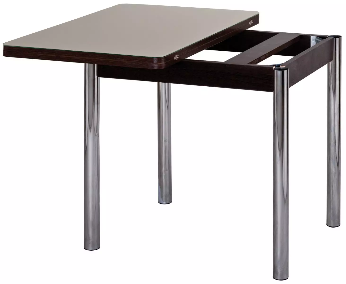 Táboas de cociña en pernas metálicas (31 fotos): Modelos de Chrome na cociña, mesas de marco de metal de aceiro inoxidable e outras opcións 24858_11