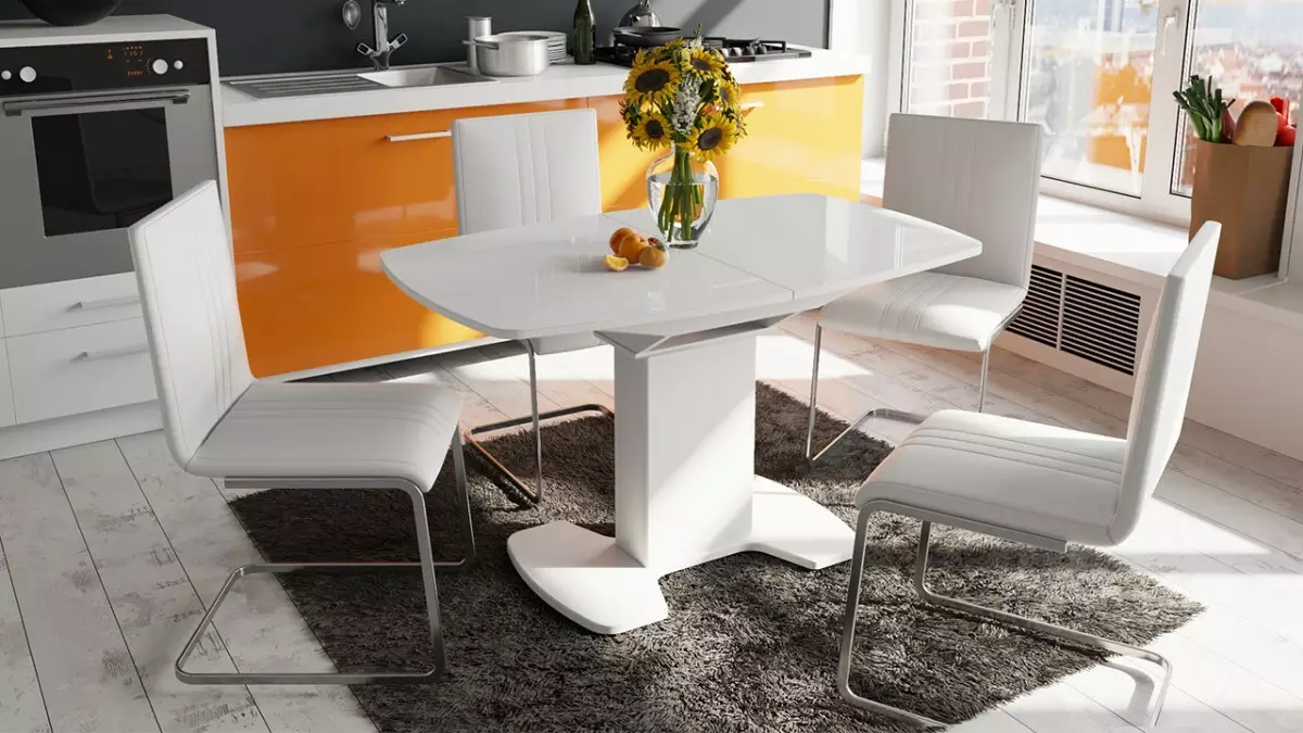 Étkező csoport konyha tolóasztallal (51 fotók): összecsukható székek fa és konyhai asztalok transzformátorok, üveg bútorok és egyéb lehetőségek 24861_3
