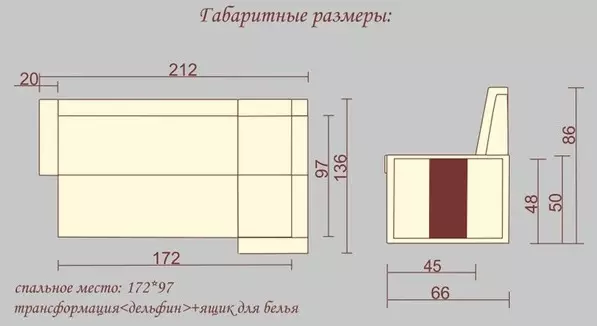 Velikosti kuhinjskih zofe (21 fotografij): meter zofe v kuhinji, dolžina modela 100-110 in 120-130, 140-150 cm in drugi modeli. Globina, širina in višina zofe 24874_9