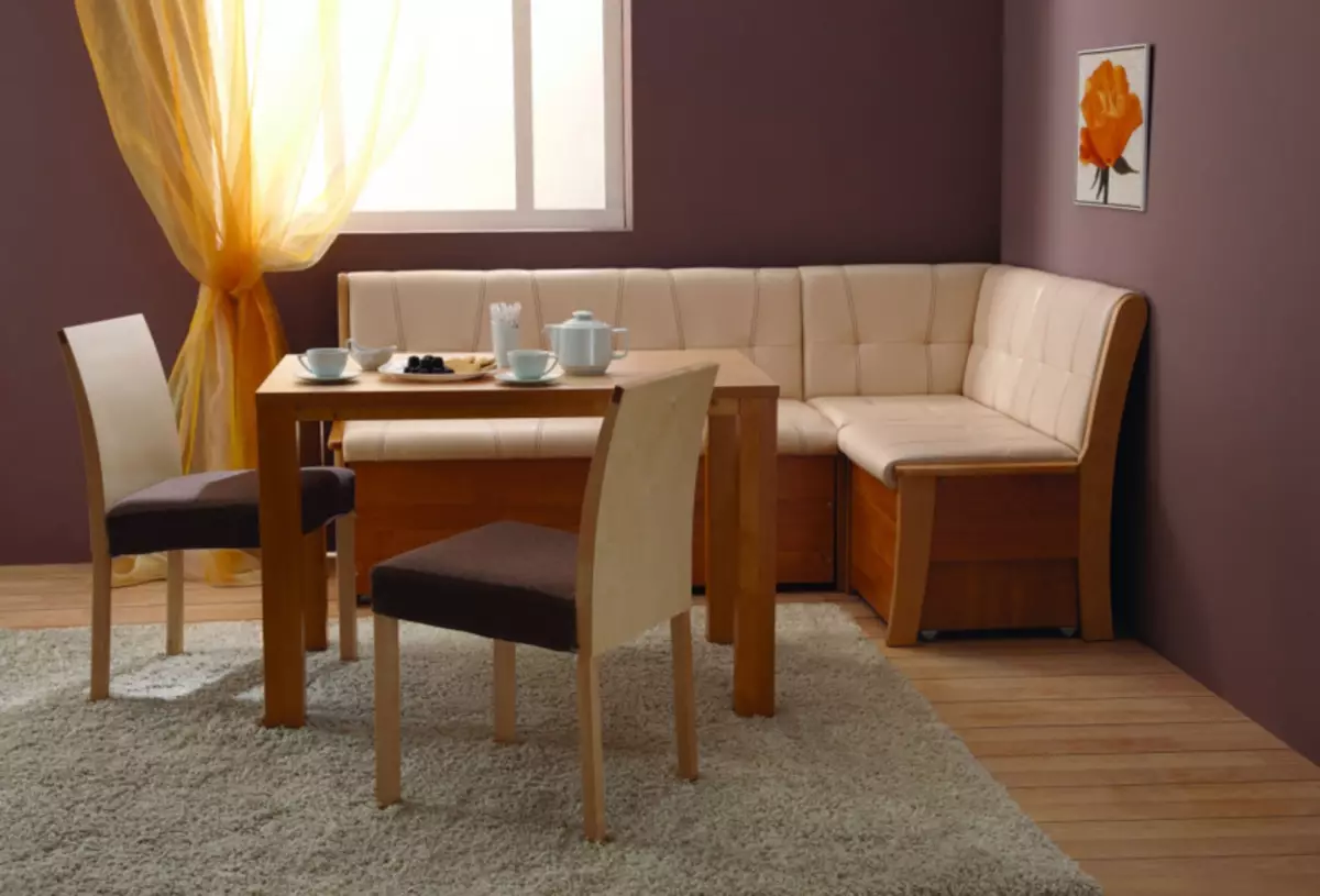 Ghế sofa nhỏ trong bếp (63 ảnh): Tay áo nhỏ ngắn không có chỗ ngủ và nhà bếp nhỏ mô hình trượt nhỏ gọn, các tùy chọn khác 24877_7