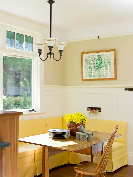 Гал тогооны өрөөний жижиг булан (68 зураг): Дугуй ширээ, өнцгийн ширхэгтэй гал тогооны өрөөний ба өнцөг булан, бусад жижиг хэмжээтэй 24885_8