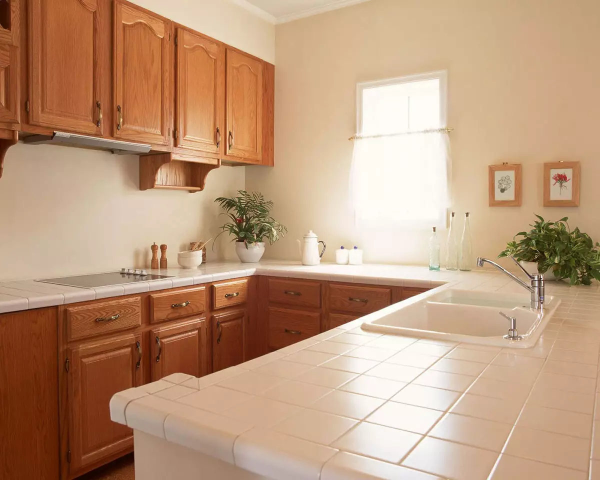 Kontsesstop plaadist köögis (35 fotot): keraamiline köök countertop mosaiik ja muud võimalused. Mida valida? 24898_2