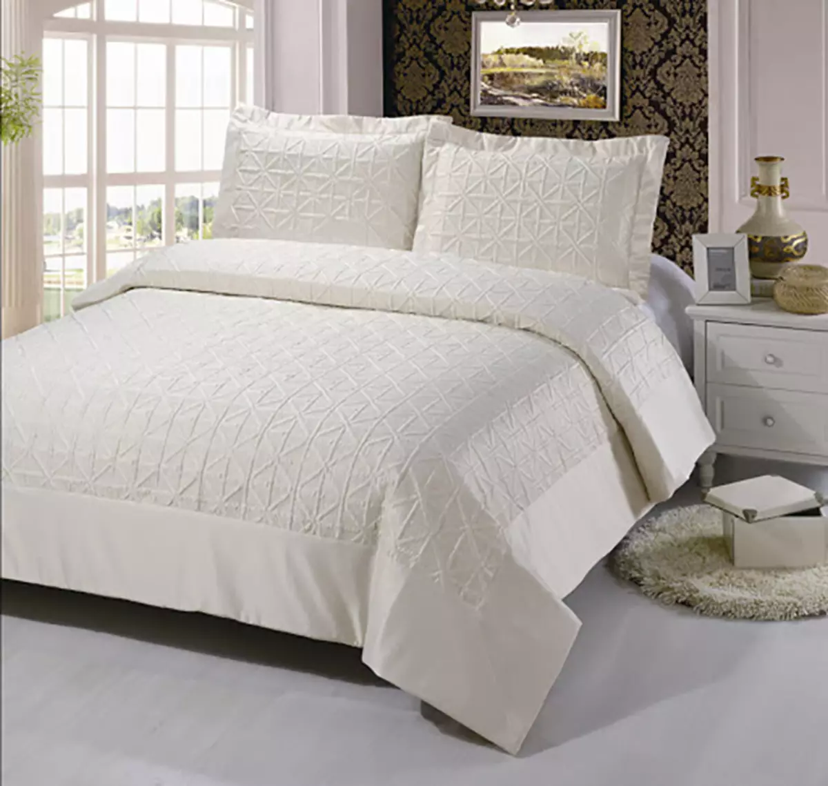 Прекривачи на брачном кревету (48 фотографија): прекрасне ћебад, стандардне величине и дизајн, врсте, сатина и остале прекриваче са руффлес и без 24930_3