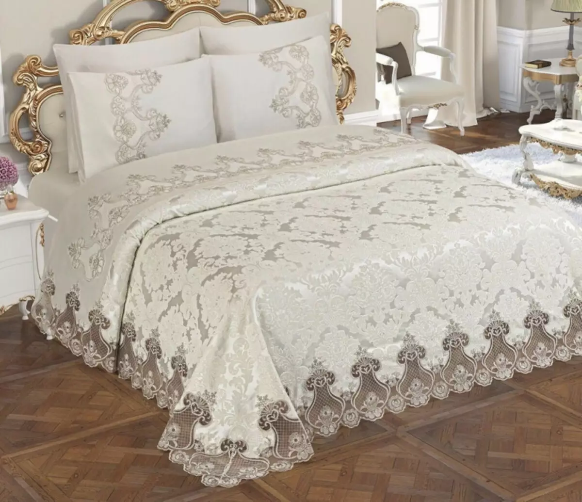 Bedspames pe un pat dublu (48 poze): Pături frumoase, dimensiuni standard și design, tipuri, satin și alte paturi cu garnituri și fără 24930_9