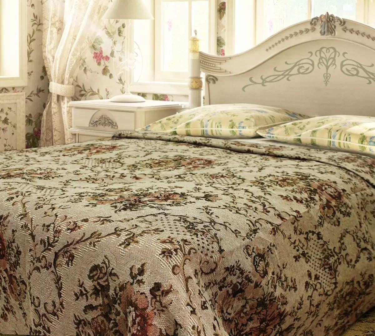 Tapestry-vuoteet (37 kuvaa): Jacquard-vuoteet sängyssä 220x240 ja muut koot, kudoksen koostumus Gostin, monofonisten ja muiden päiväpeitteiden mukaan 24933_22