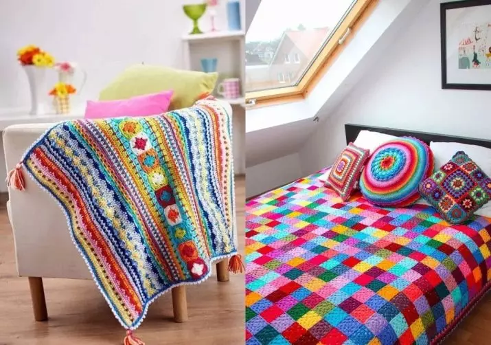 Pletené plaidy (69 fotografií): posteľná bielizeň na posteli pletenej a inej priadze, ručné pletenie zo štvorcov a slučiek, biela, sivá a iná farba 24941_63