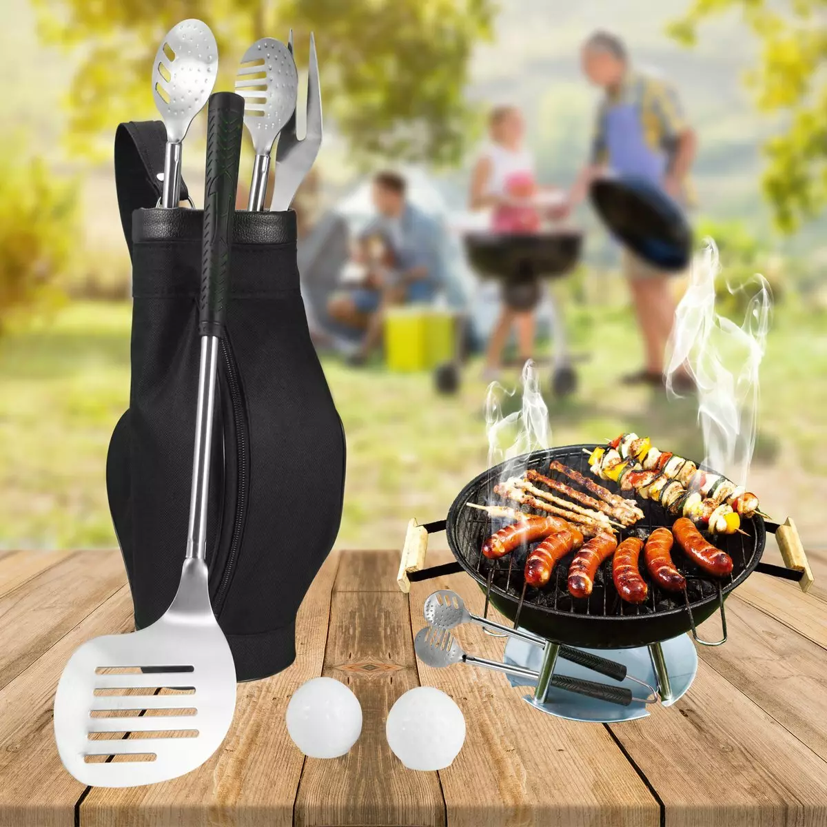 Set Barbecue: SuitCasing Hadiah karo Piranti Barbecue lan Grill, Contone Aksesoris kanggo Kebabs lan Mangalov 24972_22